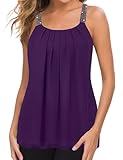 MANER Plus Size Tank Tops for Women Casual Pleated Chiffon Cami with Beaded Strap Blouses (Purple, XXXL/US 22-24)
