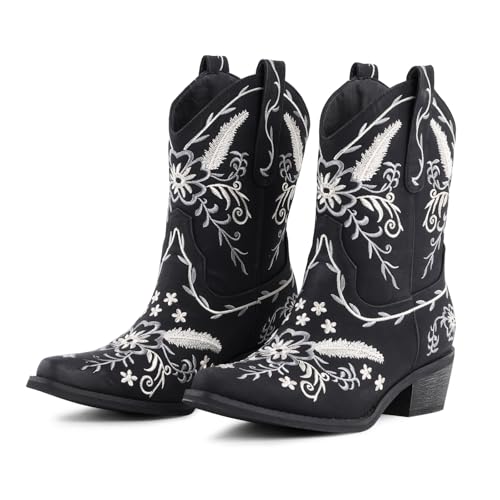 LingxiaUne Women's Western Cowboy Boots - Intricate White Embroidery Mid - Heel Boots