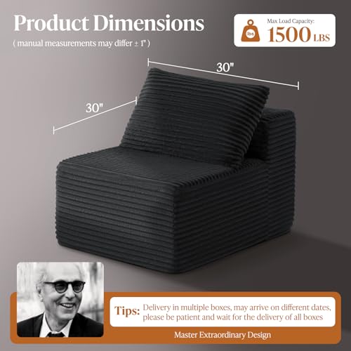 Image of 30 inch Cloud Sectional Couch Single Seat for Living Room, Extra Deep Seats No Assembly, Minimalist Modular Couch, Corduroy (Black, Single Seat)