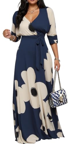 Image of CaniBtr Maxi Dresses for Women Plus Size 3 /4 Sleeve Long Dress with Belt