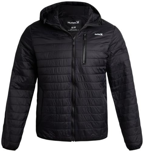 Hurley Mens Puffer Jacket - Lightweight Packable Insulated Winter Coat for Men - Weather Resistant Quilted Outdoor Jacket, Size Medium, True Black