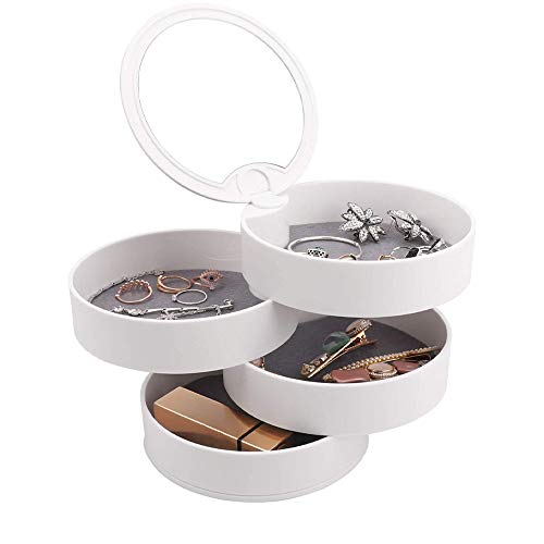 Caja Joyero, Caja de Almacenamiento de Joyas, Joyeros Redondos, Organizador de Joyas de 4 Capas, Blanco 4 Capas 360 Grados Organizador de Joyas con Espejo Para Collar, Pulsera, Anillo, Pendiente