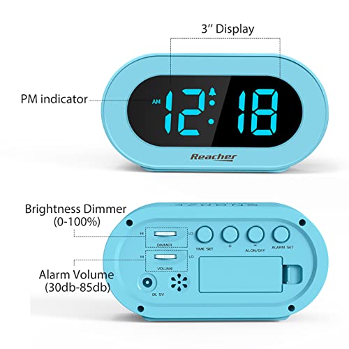 Reacher Kids Blue Alarm Clock With Snooze, Simple To Operate, 0-100% Dimmer, Adjustable Volume, Outlet Powered, Small Led Boys Clock For Bedrooms #TOP3