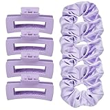 JGQUR 8pcs Purple Hair Clips Scrunchies Set - Medium Hair Claw Clips for Women, Satin Hair Scrunchies for Thick Thin Hair Accessoties, Non-Slip Matte Hair Claws, Party, Birthday Gifts, Lilac