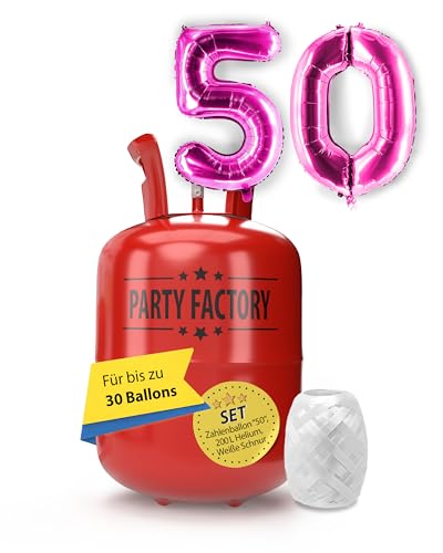 Party Factory – Helium Gasflasche 200L im Set mit XXL Zahlenballon 50 Pink – Partydeko Ballongas Flasche mit Folienballon & 40 m weißer Ballonschnur – Einwegflaschen mit Knick-Füllventil