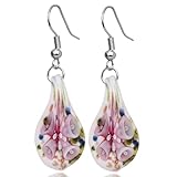 BESHEEK Handmade Murano Inspired Gorgeous Artist Made Pink Confetti Teardrop Glass Earrings by BESHEEK │Handcrafted Blown Hypoallergenic Artisan Lampwork Italian Style Jewelry | Handmade Hyp