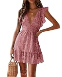 Summer Dresses for Women 2026 Floral Mini Dress Flowy Sexy Deep V Neck A-Line Ruffle Flutter Sleeve Cute Polka Dot Swing Sun Dresses