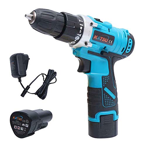 KATSU Taladro Percutor Inalámbrico 12V, Taladro Atornillador con 2 x 1,5Ah Batería Litio, Función de Impacto, 26Nm Máx, 2 Velocidad y luz LED, Destornillador Inalámbrico para Hogar DIY