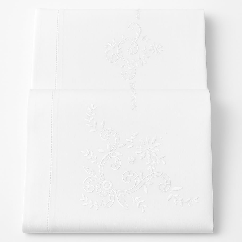 Corredocasa - Completo Lenzuola Matrimoniale Ricamato in Misto Lino Bianco – Set 4 Pezzi con Lenzuolo Sopra 240x280 cm, Sotto con Angoli 180x200+25 cm e 2 Federe – Biancheria da Letto Elegante