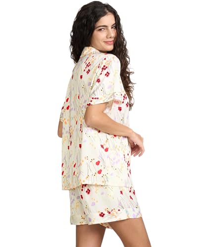 Image of YiNi LuLu Womens Silk Satin Shorts Pajamas Set Button Down 2 Piece Pjs Short Sleeve Oversized Sleepwear with Pockets