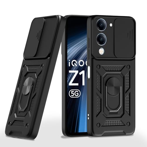 Image of Pikkme Back Cover for iQOO Z10 lite 5G / Vivo T4 lite 5G / Y19 5G / Y19e / Y04 4G / Y29s 5G | Sliding Camera Shield with Ring Stand | D10 Tough Armor Full Camera Protection Bumper Case (Black)