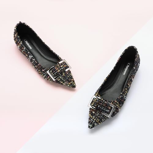 C.Paravano Pointed Toe Flats Women's Leather Ballet Flats with Square Metal Buckle for Work & Dressy Casual2