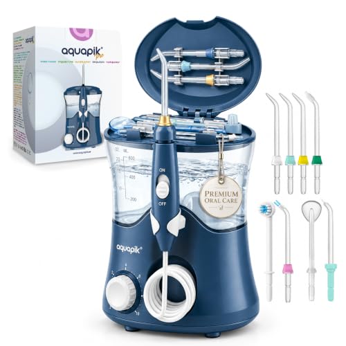 Irrigador Dental Aquapik PRO 600 ml 10 Niveles 8 Boquillas 360° Azul
