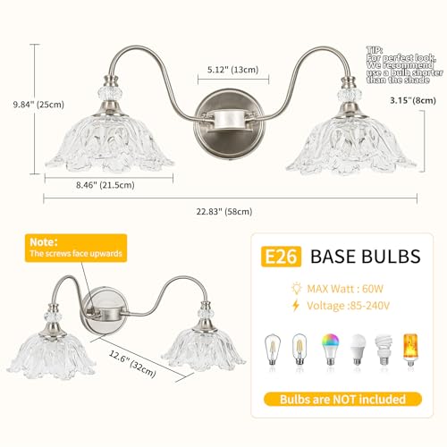 Image of Brushed Nickel Bathroom Vanity Light, 2-Light Vanity Light with Floral Clear Glass Shades, Nickel Wall Mount Lighting for Bathroom, Dressing Table