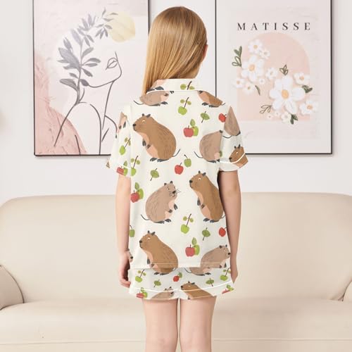 ALAZA Capybara Green Fruit Leaf Satin Pajamas Set Short Sleeve Button Down Sleepwear Summer Pjs 2 Piece4