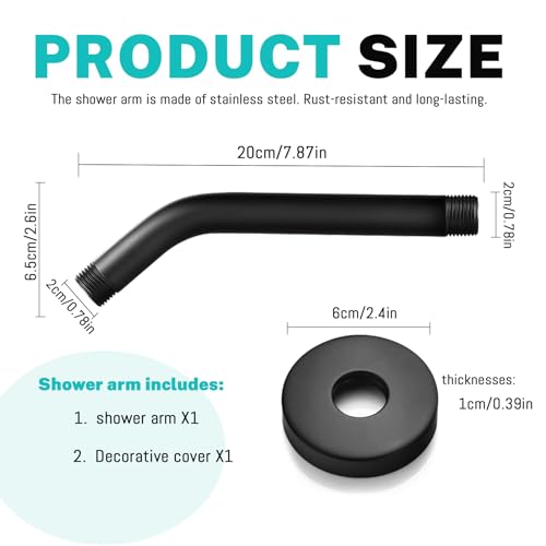 Black Shower Arm with Flange, Stainless Steel Extension Arm for Fixed Shower Head Wall Mounted Shower Head Extension (Black) - Image 2