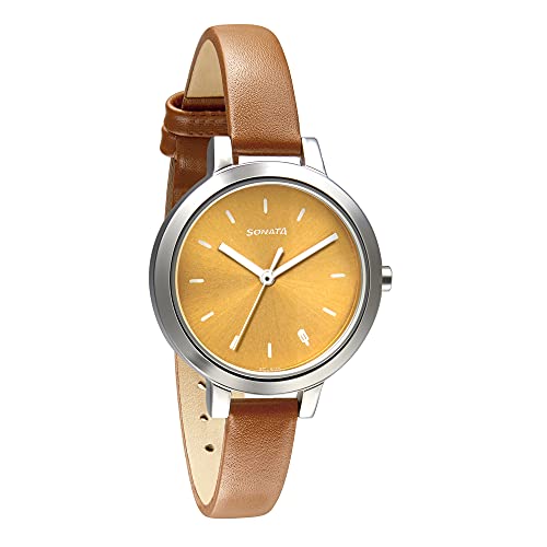 Image of Sonata Play Yellow Dial Women Watch with Leather Strap-8141SL03