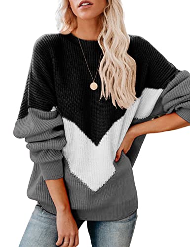 Xnova Pull Femme Hiver Chic Oversize, Manches Longues Stitch Pullover Mode Col Rond, Ample Hauts en Tricot Patchwork Tricoté Sweater(Gris, S) Cover