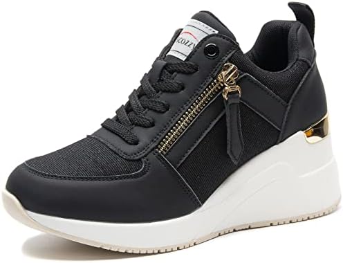 Viscozzy Black Fashion High Wedge Sneakers for Women， Lace Up Casual High Heel Shoes Walking Shoes Hidden Sneakers W139-SZW36-BLACK-9