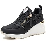Viscozzy Black Fashion High Wedge Sneakers for Women， Lace Up Casual High Heel Shoes Walking Shoes