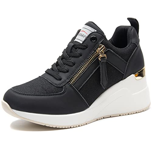 Viscozzy Black Fashion High Wedge Sneakers For Women， Lace Up Casual High Heel Shoes Walking Shoes Hidden Sneakers W139-Szw36-Black-9 #TOP2