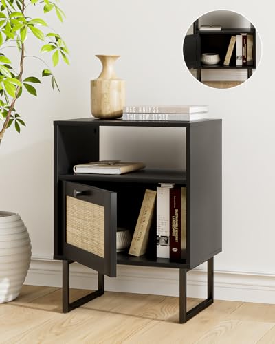 Image of Rattan Nightstand, Mid Century Modern Night Stand,Boho Farmhouse Wood Bedside Table with Storage and Open Shelf, End Side Accent Table for Bedroom,Living Room,Black