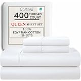 100% Egyptian Cotton Sheets Queen Size Bed Set, Deep Pocket Queen Sheet Set, 400 Thread Count Cotton Bed Sheets, Naturally Cool Soft Breathable No Pill Elasticated Luxury White Bedding For All Seasons