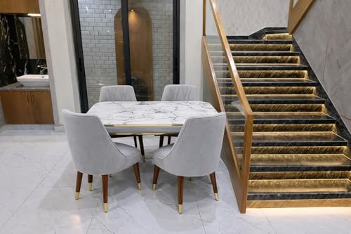 Image of WOODEN SPACE 4 Seater Wooden Dining Table Set | Urban Marble Top Dining Table with Chairs for Dining Room & Kitchen (Modern Frontline Light Grey) (54 x 36 x 30 inch)