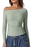 QINSEN Long Sleeve Tops for Women Off Shoulder Ruched Shirts Double Lined Slim Fit Tees Smoke Green L