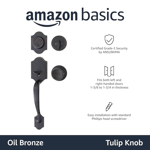 Image of Amazon Basics Front Door Lock Set, Handleset with Tulip Knob, Easy Installation, Level Door Handle, Exterior, Single Cylinder, Oil Bronze, 1-Pack