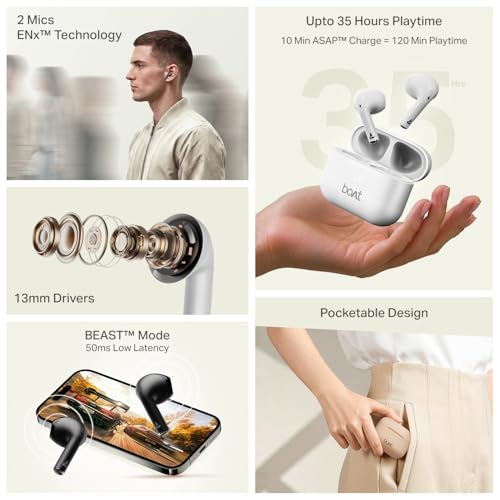 Image of Boat Airdopes Joy v2 w /Up to 35H Battery, Pocketable Design, ASAP Charge, 13mm Drivers, Easy Touch Controls, ENx Tech, Beast Mode, IWP & App Support TWS Bluetooth Earbuds with mic (Eclipse Black)