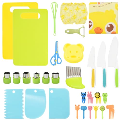 Coriver Kit Couteau Cuisine Enfant, 32 pièces Couteau Montessori Enfants avec Ondulé et Planche à Découper, Plastique Ustensile Cuisine Enfant pour Couper des Fruits ou Légume