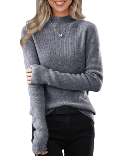 VEOMRI LUKCH Pull fin à col roulé pour femme, pull d'automne en tricot côtelé à manches longues, pull décontracté extensible, gris, S