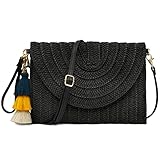 Aovtero Straw Clutch Purse Women Crossbody Bag Summer Beach Shoulder Bags Envelope Wallet Handbags (Black)