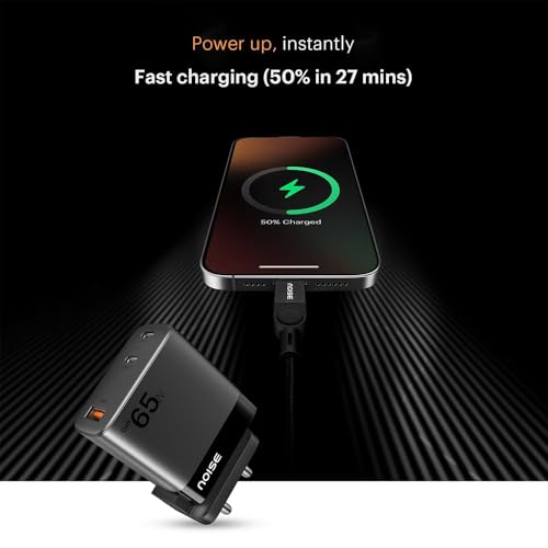 Image of Noise GaN Charger 65W + 1.7M Type-C to Type-C 100W Braided Cable: 3 Ports (2 USB-C Type, 1 USB-A), Super Fast Charging Adapter with PD, Supports All iPhones, Android (Black)