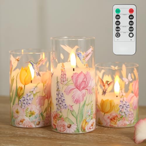 Image of LUSHARBOR Flameless Candles with Remote, Battery Operated Glass Candles Hummingbird Flickering LED Electric Pillar Candles Real Wax Floral Christmas Decor Set of 3