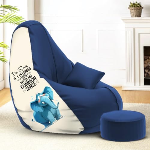 Image of Amazon Brand - Solimo 4XL Premium Faux Leather Bean Bag Combo with Footrest & Cushion, Filled with Beans | Capacity: Upto 6 Ft 5 in Height, 125 KG Weight | Common Sense Print