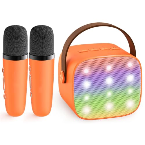Image of YLL Mini Karaoke Machine for Kids Adults, Portable Bluetooth Speaker with 2 Wireless Microphones, Birthday Gifts Toys for Girls Boys Ages 3, 4, 5, 6, 7, 8, 9,10,11,12+ Years Old Toddler (Orange)
