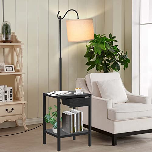Nightstand with Charging Station and Drawer,End Table with Lamp Attached,Floor Lamp with Table for Living Room,Farmhouse Rustic End Tables with USB Ports and Outlet,3-Color Temperature Bulb Included