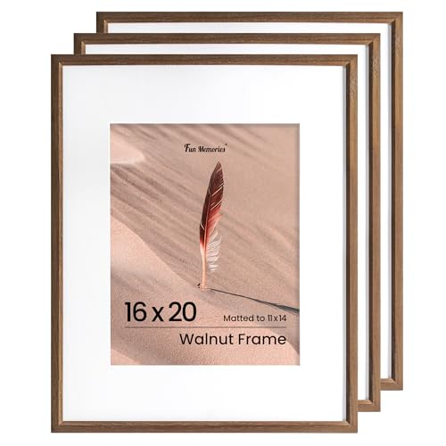 Fun Memories 16x20インチ 写真フレーム オーク無垢材ポスターフレーム モダンフォトフレーム 16x20インチ 11x14マット付き 高解像度プレキシガラス&壁掛けフック付き(ウォールナット、3パック)