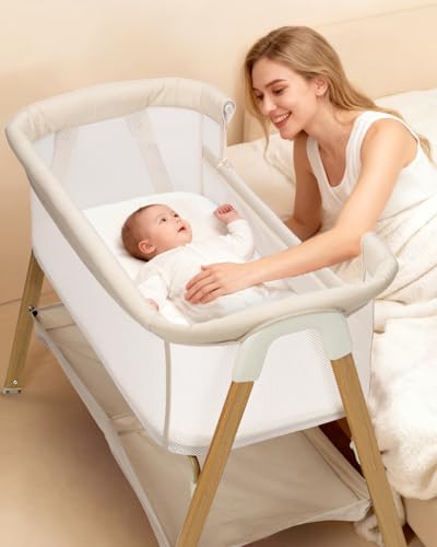 Baby Bassinet, Bedside Bassinet for Baby, Bassinet Bedside Sleeper with Mattress, Storage Basket and 4 Auto-Lock Wheels, Full-Mesh Sides, Bedside Mini Crib for Newborn (Beige)
