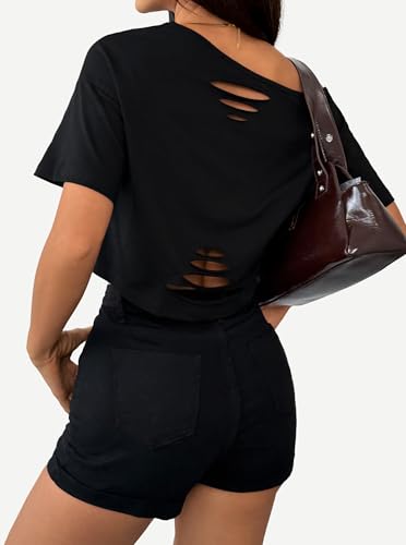 Remidoo Women's Off The Shoulder Graphic Crop Top Tee Half Sleeve Loose Fit T Shirt4