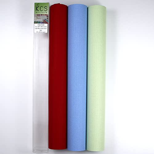 Image of KCS 3 pc of 15 inch x 18 inch Counted Cross Stitch Cotton Aida Cloth Needlework Fabric,14CT,Light Blue+Light Green+Red
