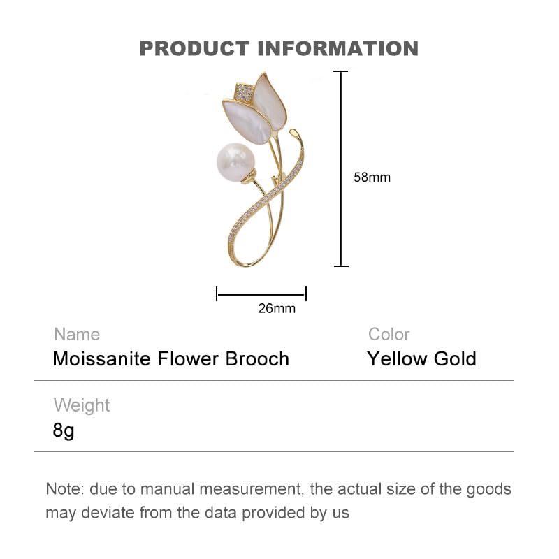 Image of 14K Gold Tulip Flower Brooch, Delicate Moissanite and Natural Freshwater Pearl Corsage,Perfect for Elegant Dressing
