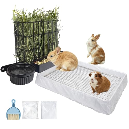 BESNEW 3 in 1 Guinea Pig Hay Feeder with Litter Box & Water Bowl,Training Potty Tray for Bunny & Piggy & Smaller Animals,Quick Cleaning,Easy to Install,Bite‑Resistant
