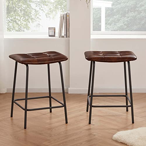 DUHOME 24” Square Tufted Counter Bar Stools Set of 2, Breathable Faux Leather Upholstered Barstool with Footrest, Backless Stool for Kitchen Counter Island Bar, Darkbrown