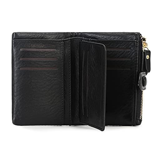 Small Genuine Leather Wallet for Women Trifold/Bifold RFID Blocking with Zipper Coin Pocket Black (Black)
