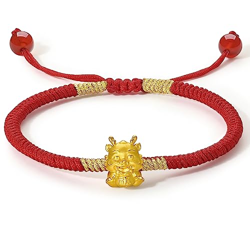 24K Gold Bracelet Dragon Charm Bracelets Adjustable Solid Gold Charms Bangle Dainty Bead Red Braided Rope Good Luck Jewelry Trendy Fashion Real Gold Lucky Gifts for Women Men