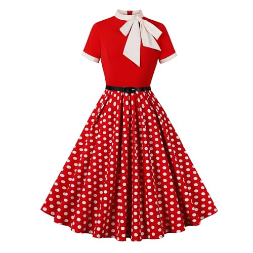 Odizli Rockabilly Kleider Damen 60er 50er Jahre Vintage Audrey Hepburn Kurzarm Krawatte Polka Dot Petticoat Swing Coctailkleid Hochzeit Festlich...