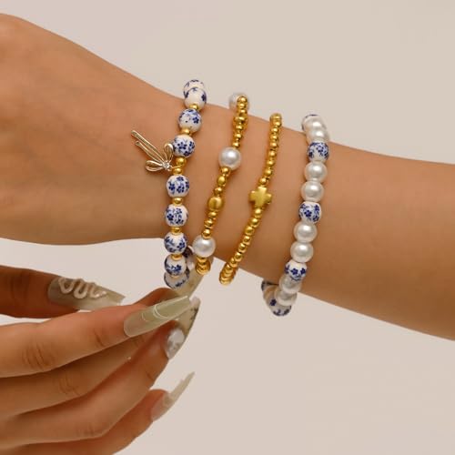 Beads Bow Charm Bracelet Set for Women Cross Flower Bow Stretch Bracelet 18K Gold Pearl Beaded Jewelry Gift 6